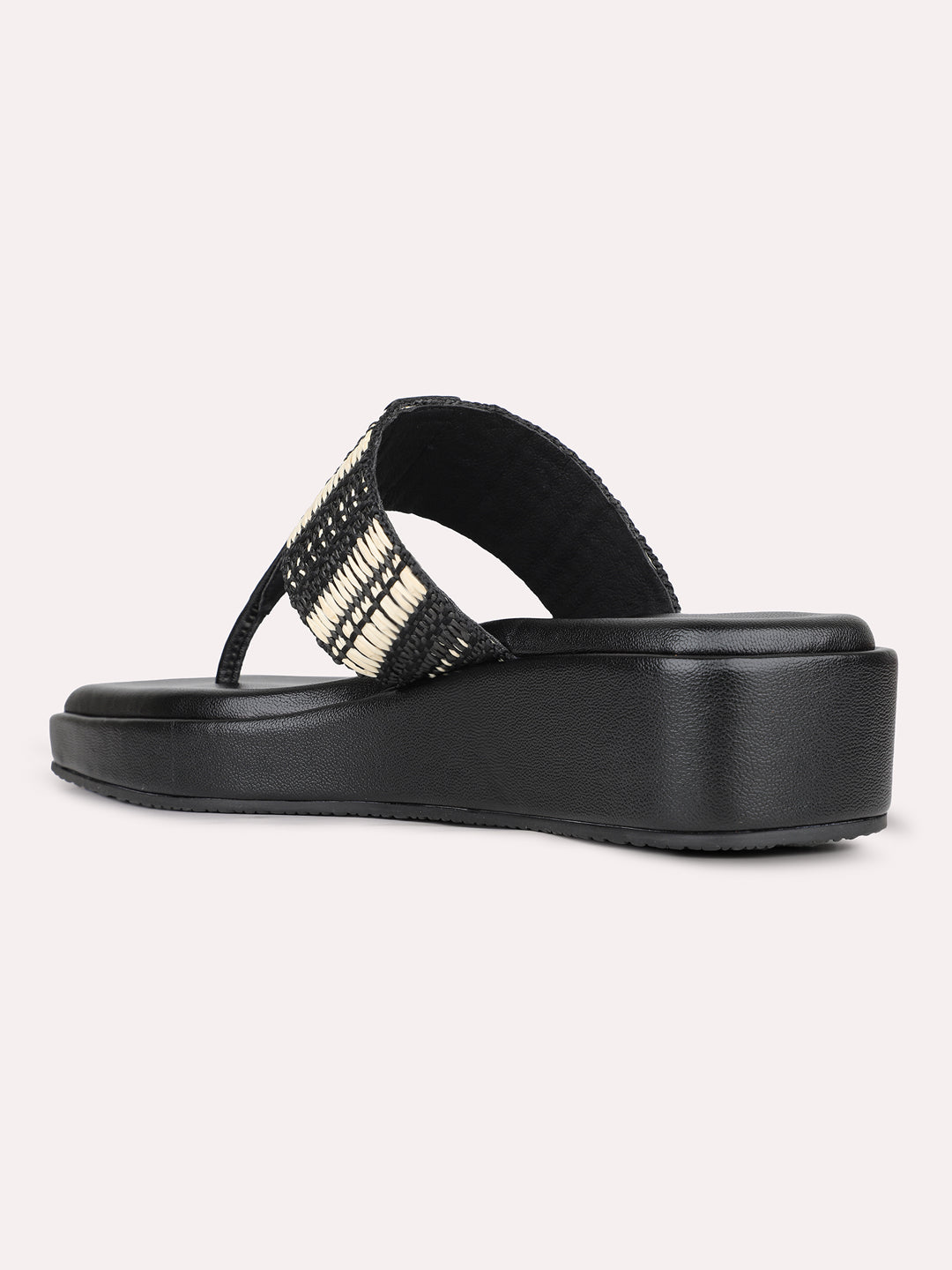 Womens Black Printed T Strap Casual Wedge Heel Sandals