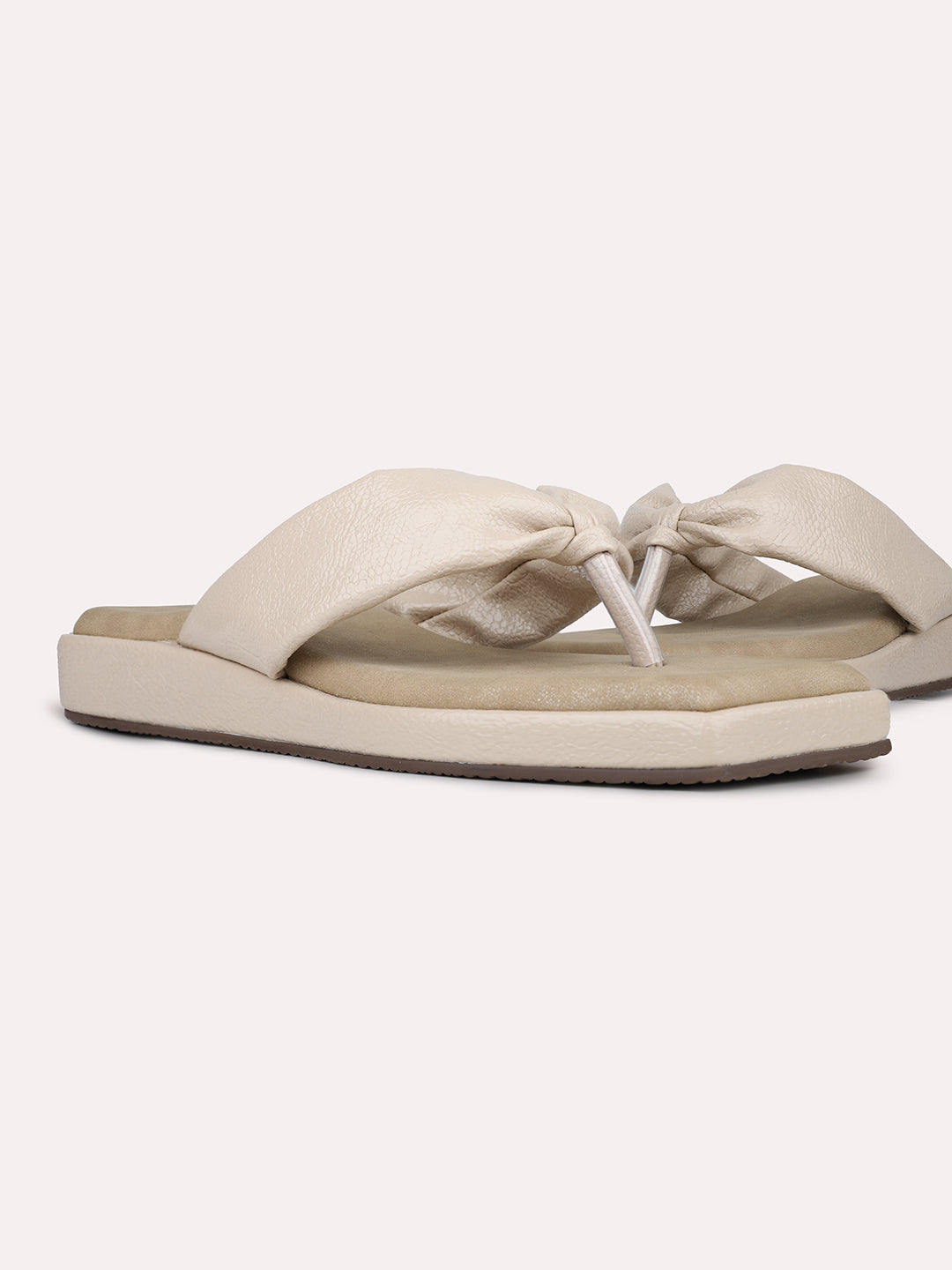 Womens Beige Solid V-Strap Casual Slip-On Flats