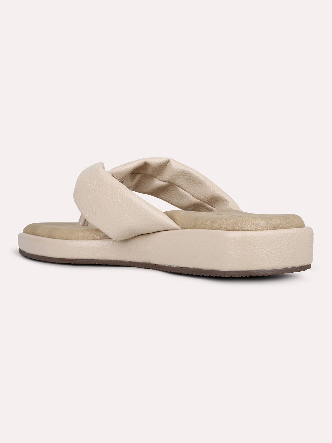 Womens Beige Solid V-Strap Casual Slip-On Flats