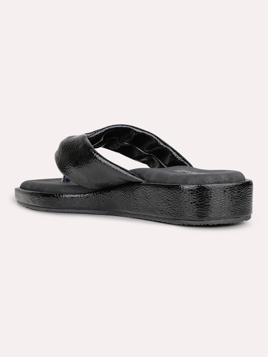 Womens Black Solid V-Strap Casual Slip-On Flats