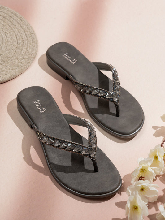 Womens Grey Party Wear Embellished T-Strap Flats