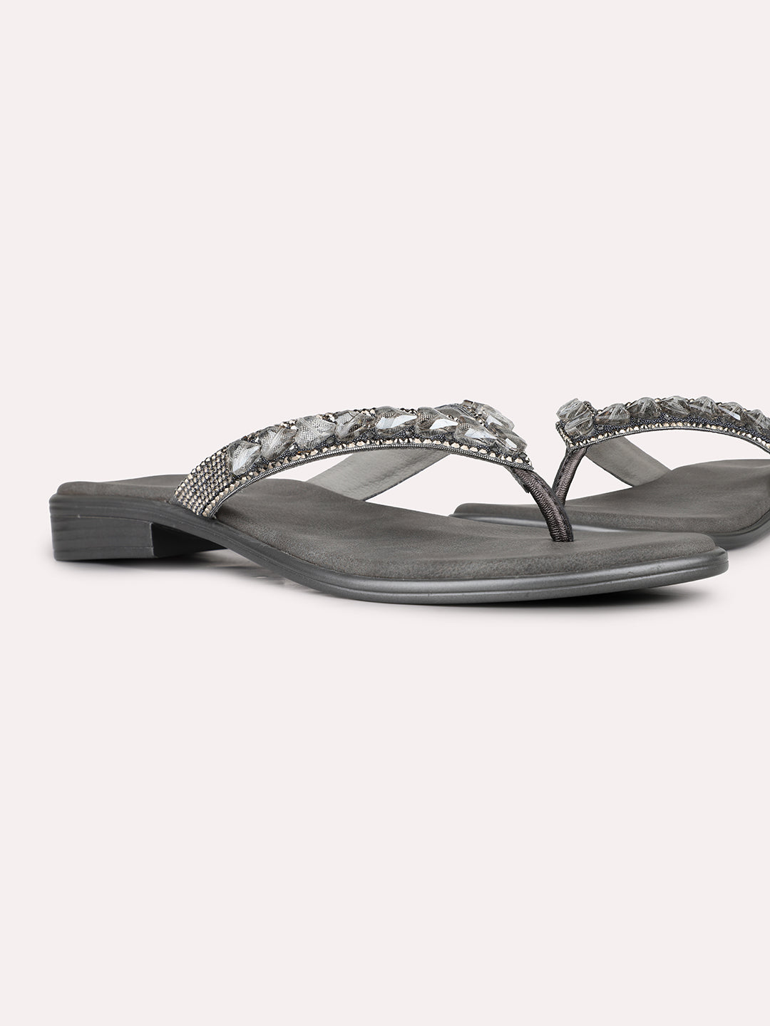 Womens Grey Party Wear Embellished T-Strap Flats