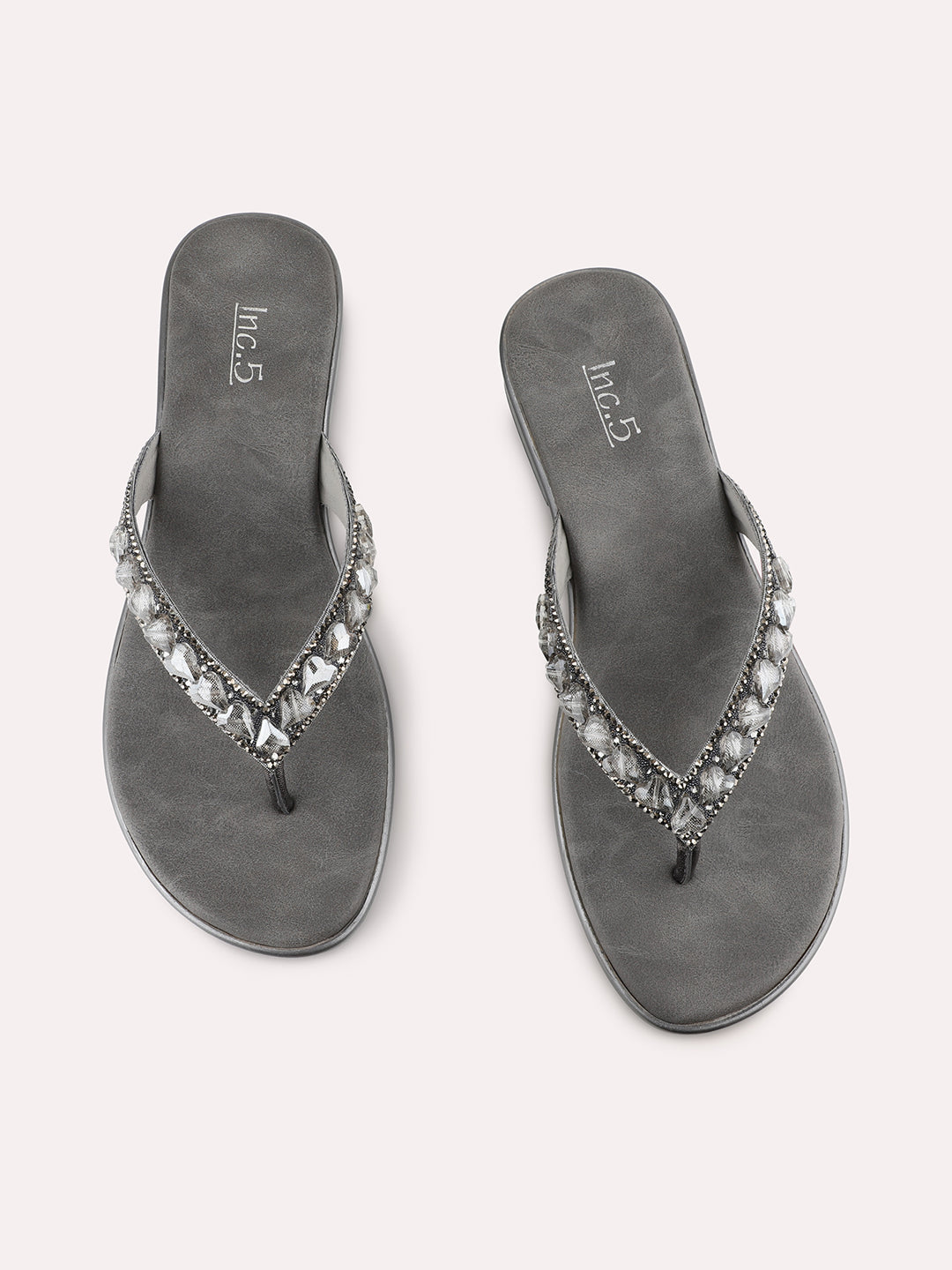 Womens Grey Party Wear Embellished T-Strap Flats