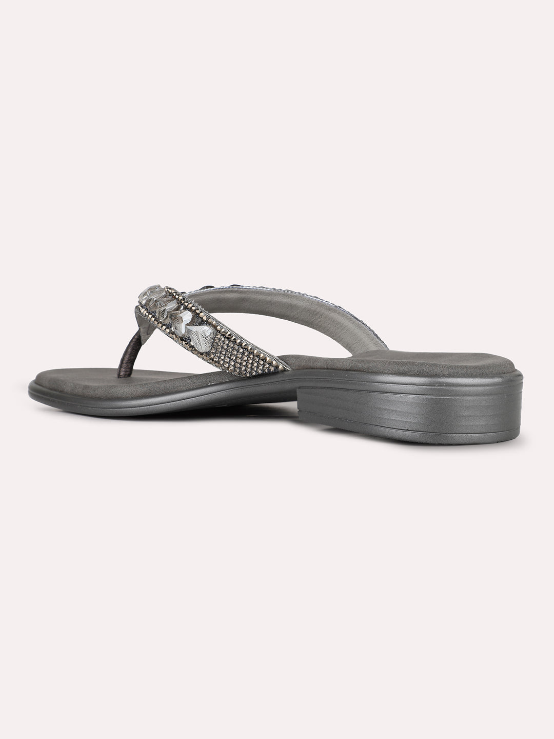 Womens Grey Party Wear Embellished T-Strap Flats