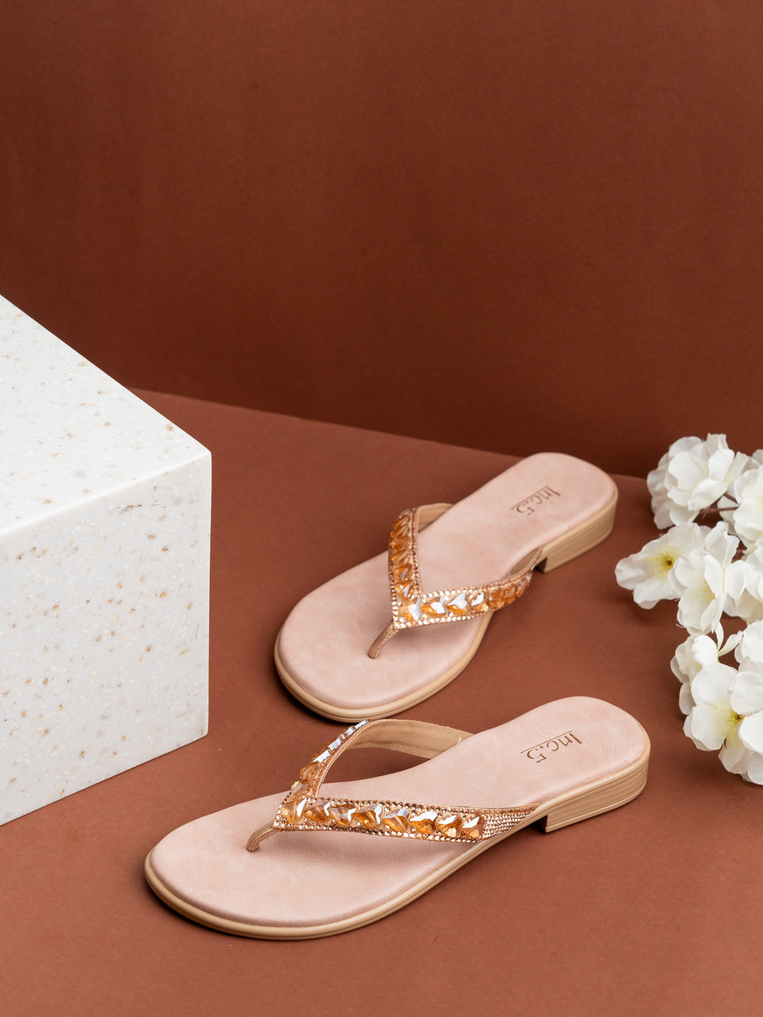 Womens Peach Party Wear Embellished T-Strap Flats