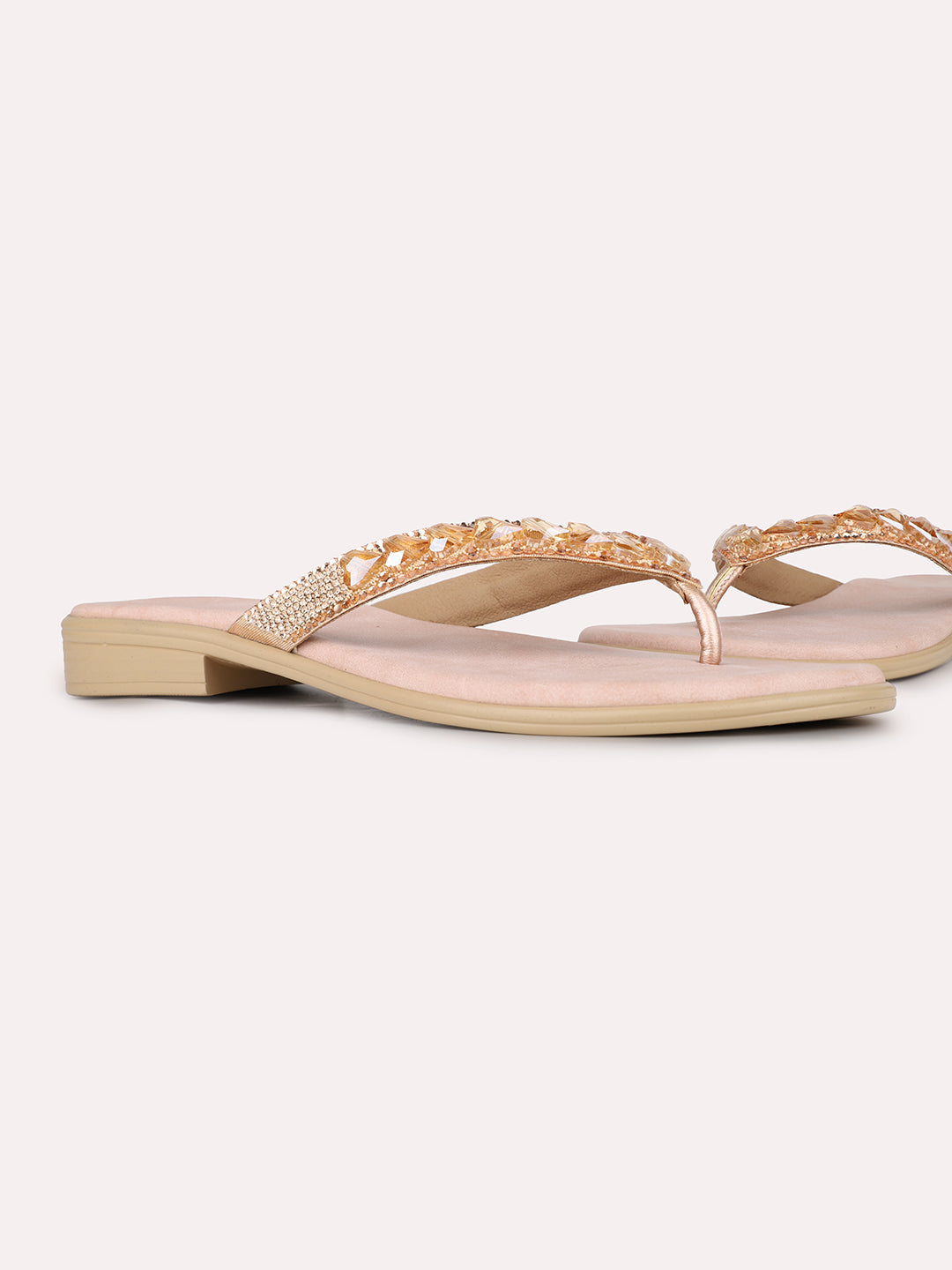 Womens Peach Party Wear Embellished T-Strap Flats