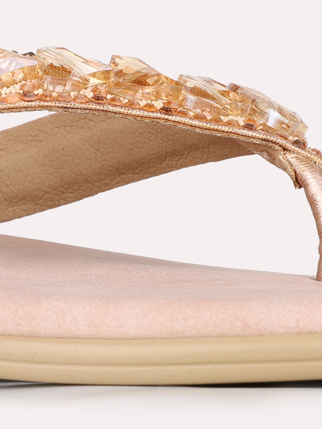 Womens Peach Party Wear Embellished T-Strap Flats