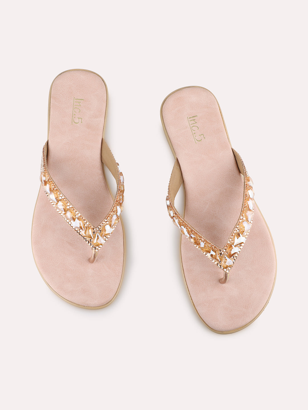 Womens Peach Party Wear Embellished T-Strap Flats