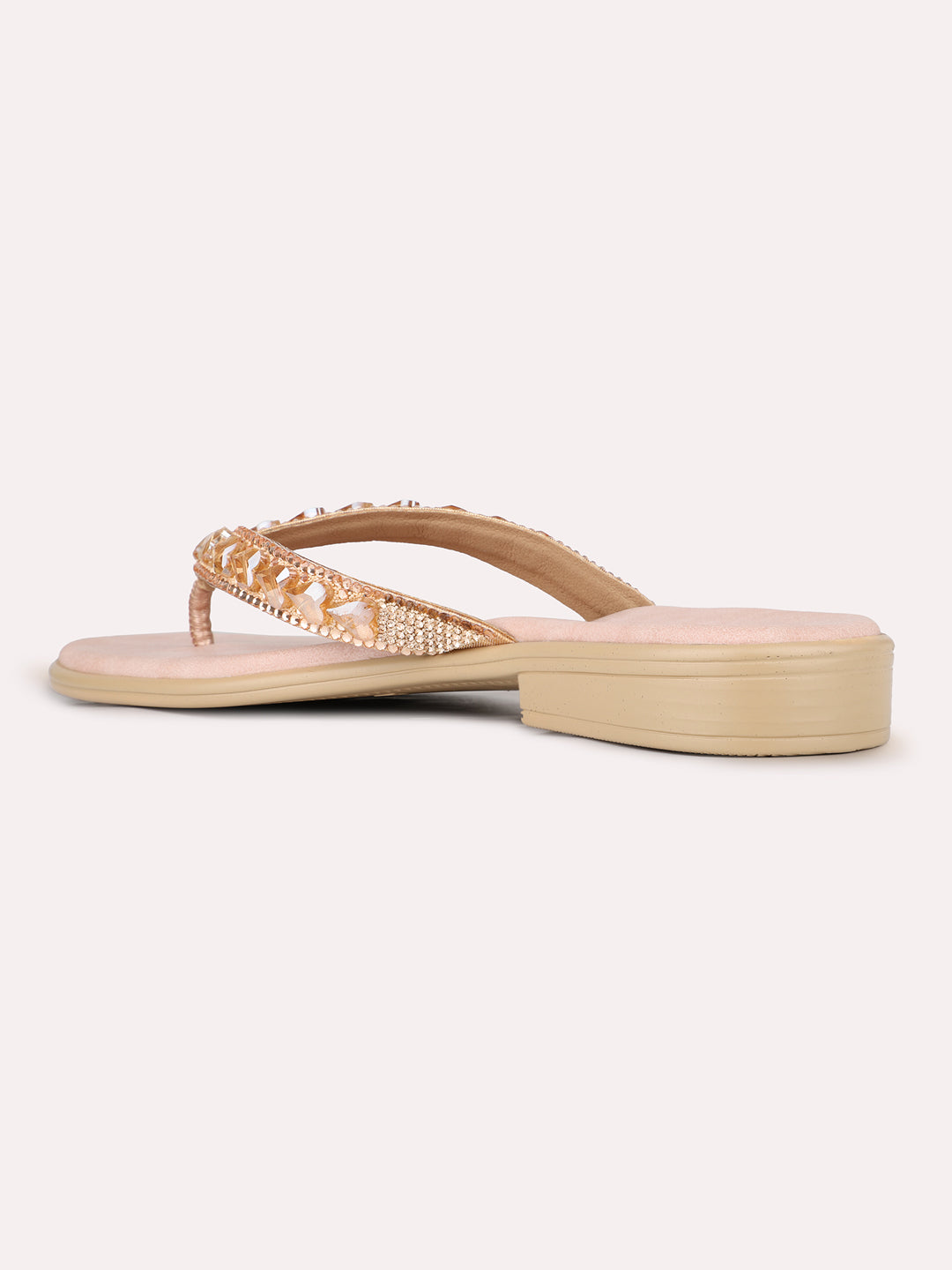 Womens Peach Party Wear Embellished T-Strap Flats