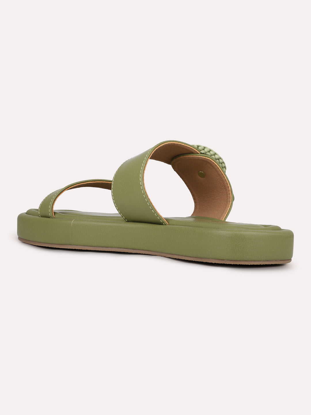 Womens Green Solid Open Toe Casual Slip-On Flats