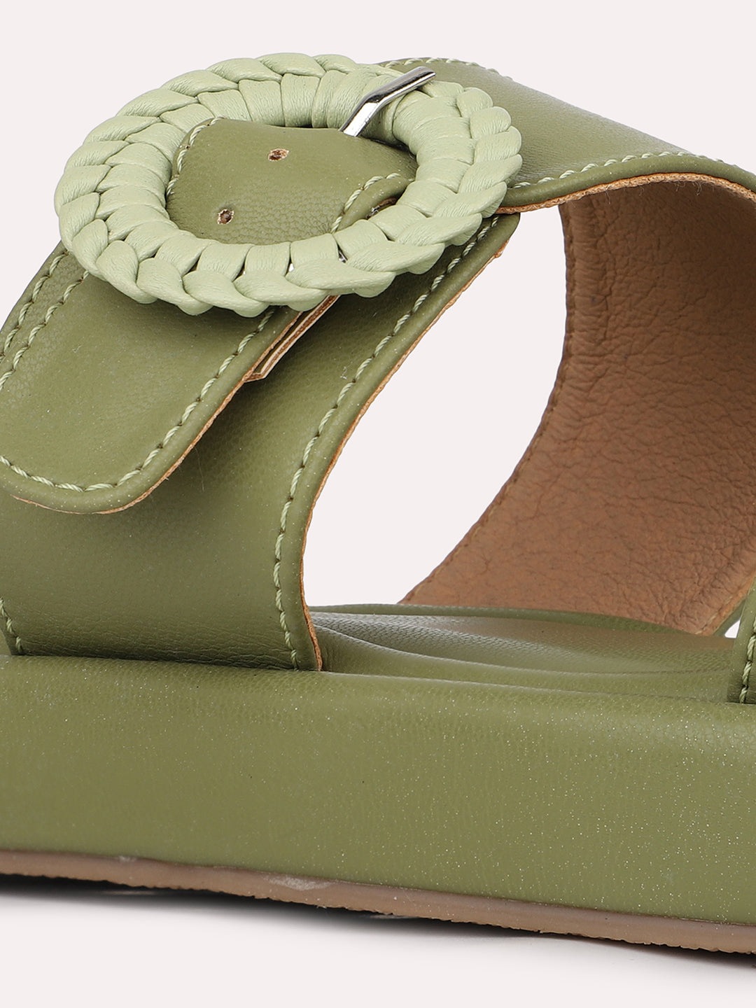 Womens Green Solid Open Toe Casual Slip-On Flats