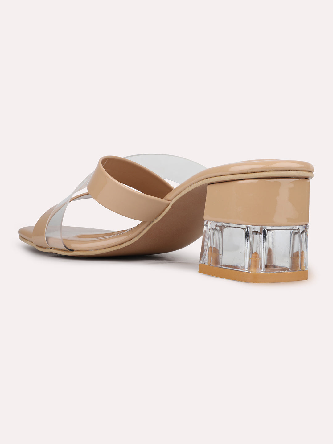 Womens Beige Transparent Square Toe Party Wear Block Heel Sandals