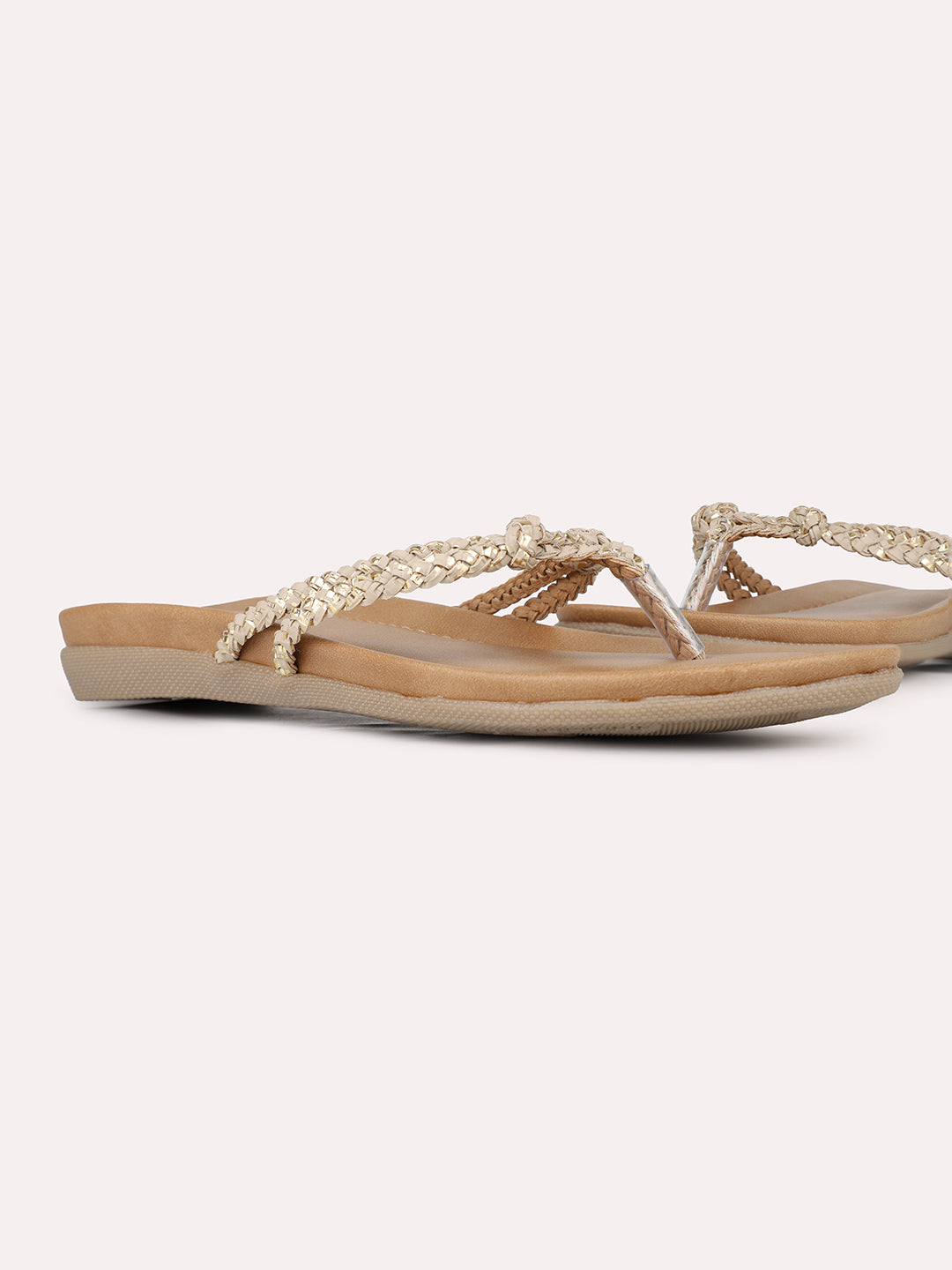 Womens Beige Party Wear Striped T-Strap Flats