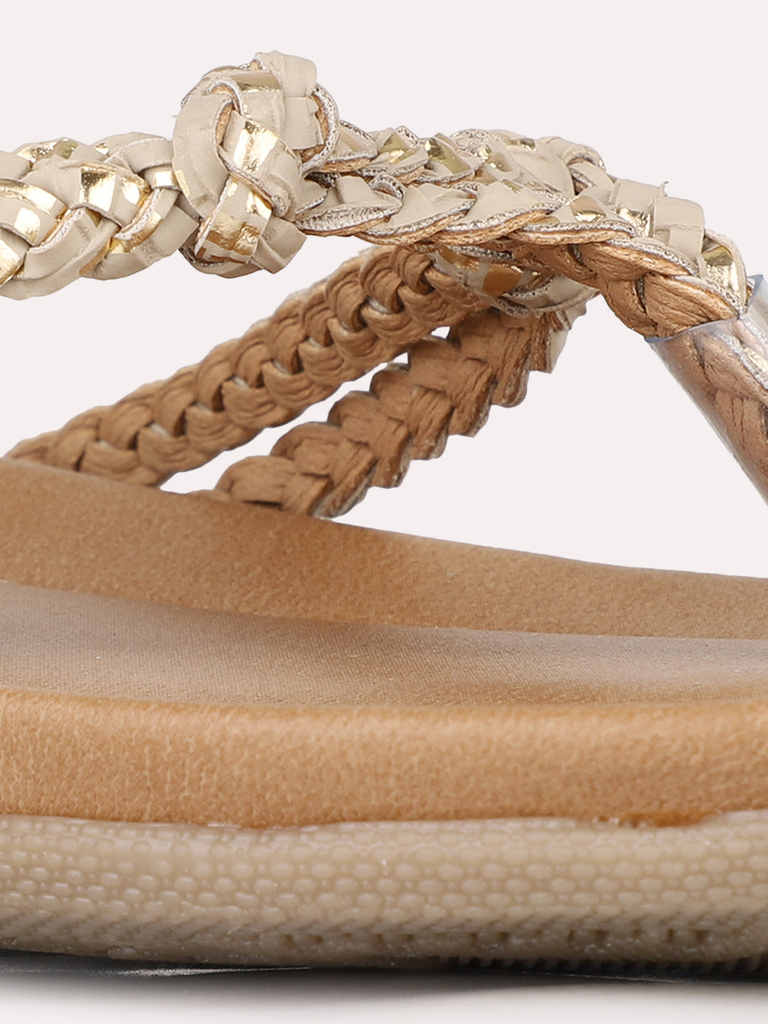 Womens Beige Party Wear Striped T-Strap Flats