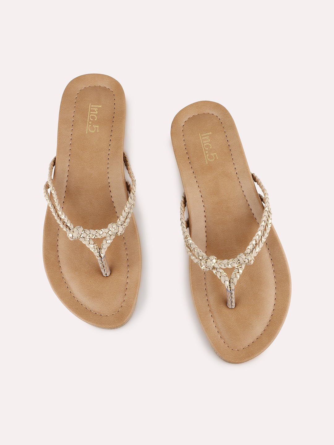 Womens Beige Party Wear Striped T-Strap Flats