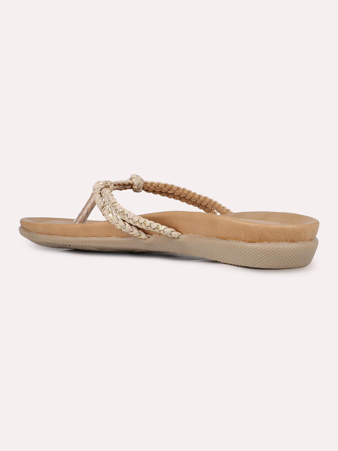 Womens Beige Party Wear Striped T-Strap Flats