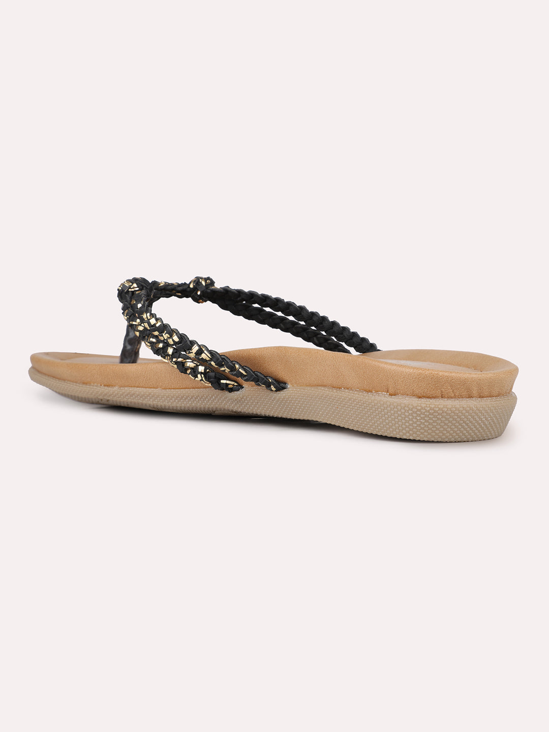 Womens Black Party Wear Striped T-Strap Flats