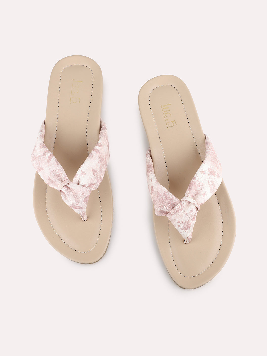 Womens Beige Casual Printed T-Strap Flats