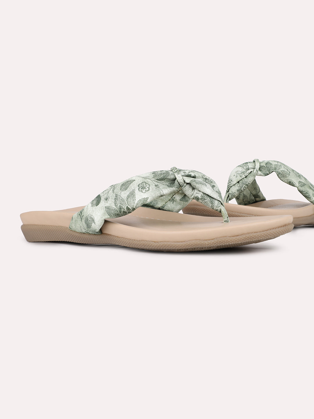 Womens Green Casual Printed T-Strap Flats