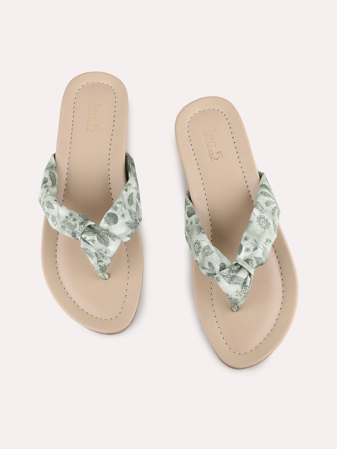 Womens Green Casual Printed T-Strap Flats