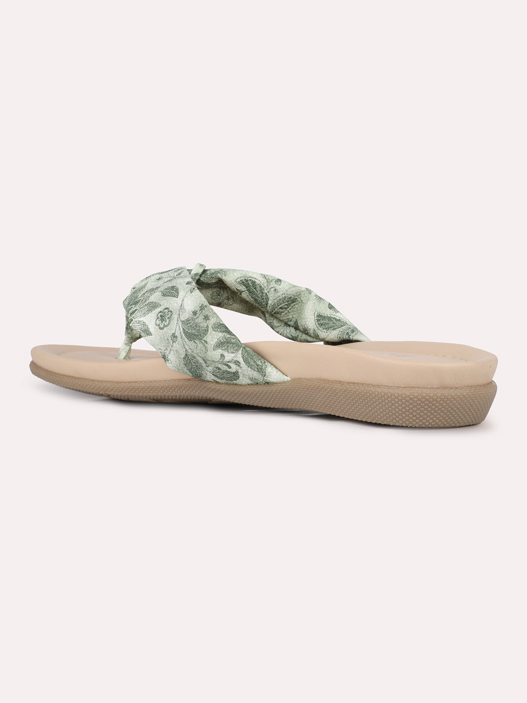 Womens Green Casual Printed T-Strap Flats