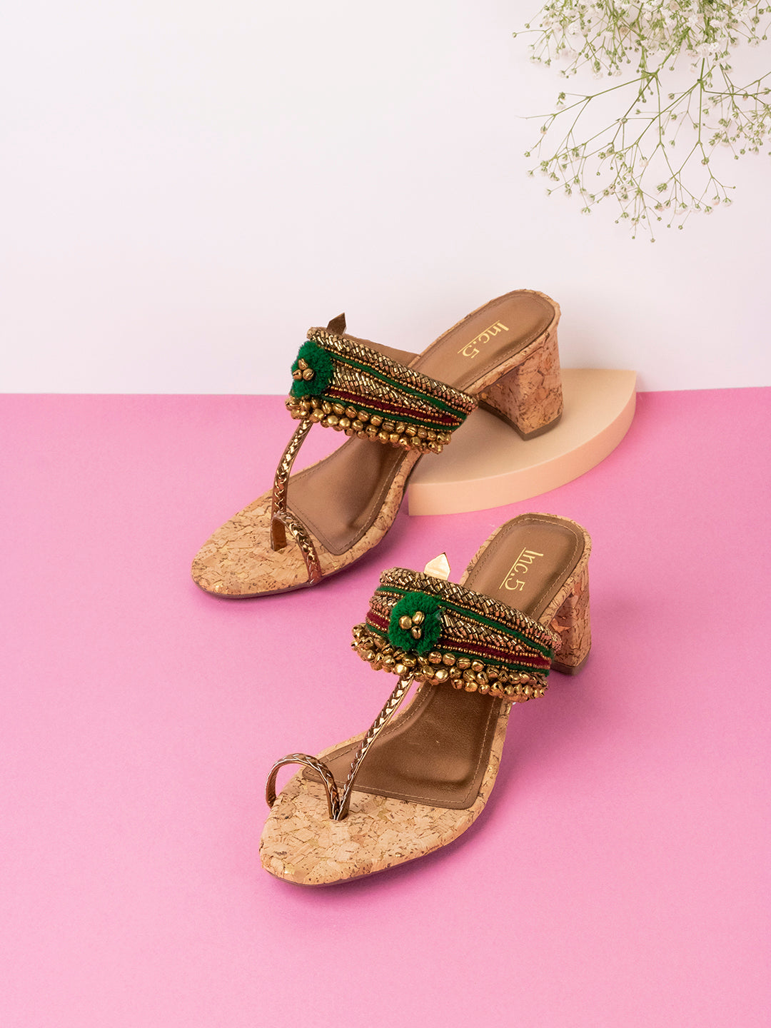 Womens Green Embellished Open Toe Ethnic Block Heel Sandals