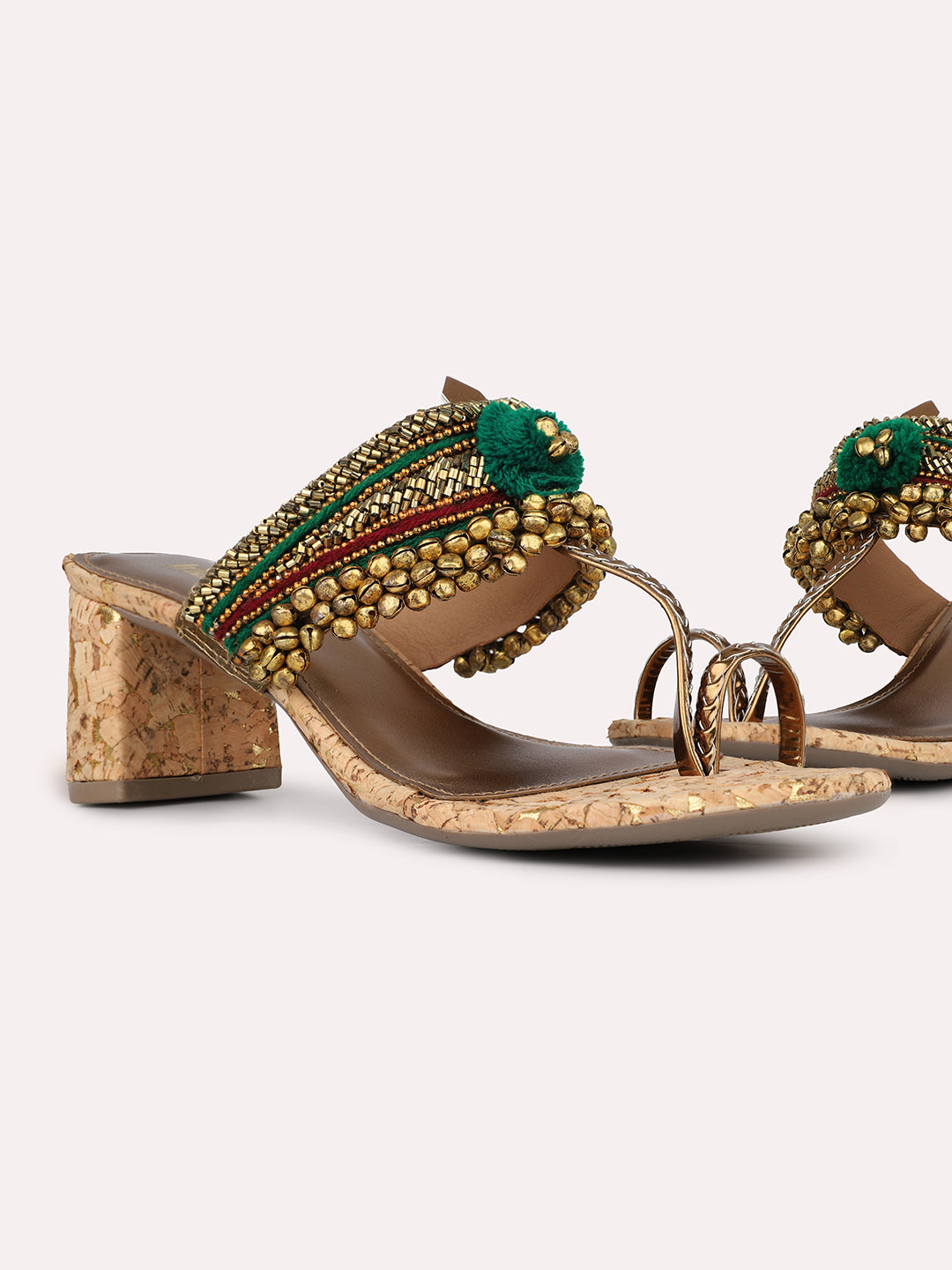 Womens Green Embellished Open Toe Ethnic Block Heel Sandals