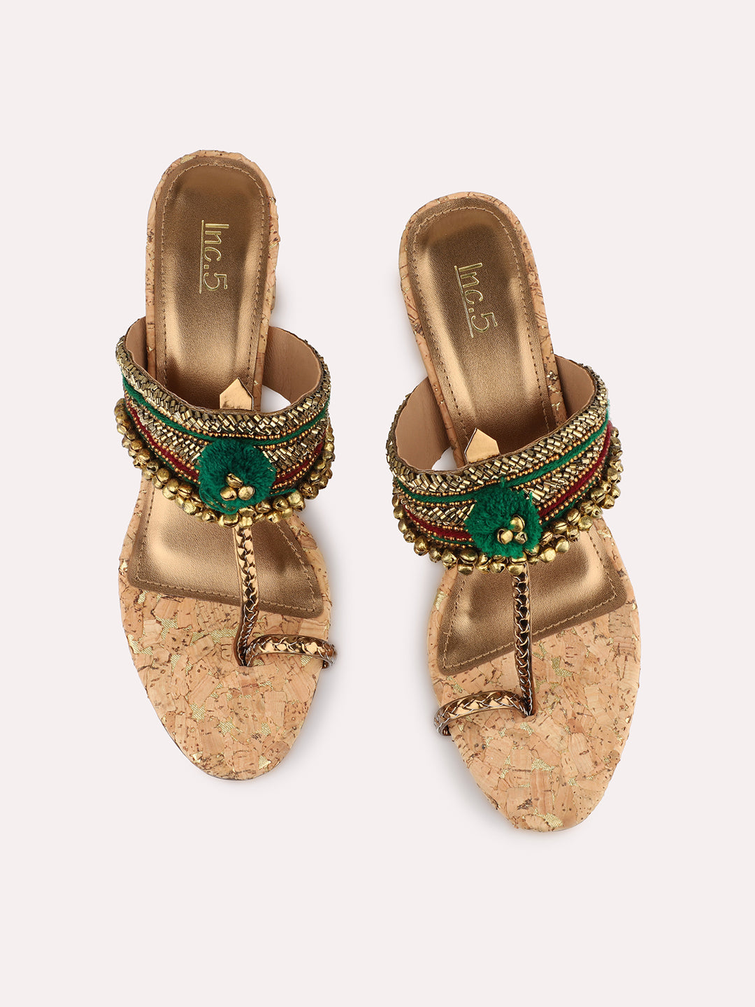 Womens Green Embellished Open Toe Ethnic Block Heel Sandals