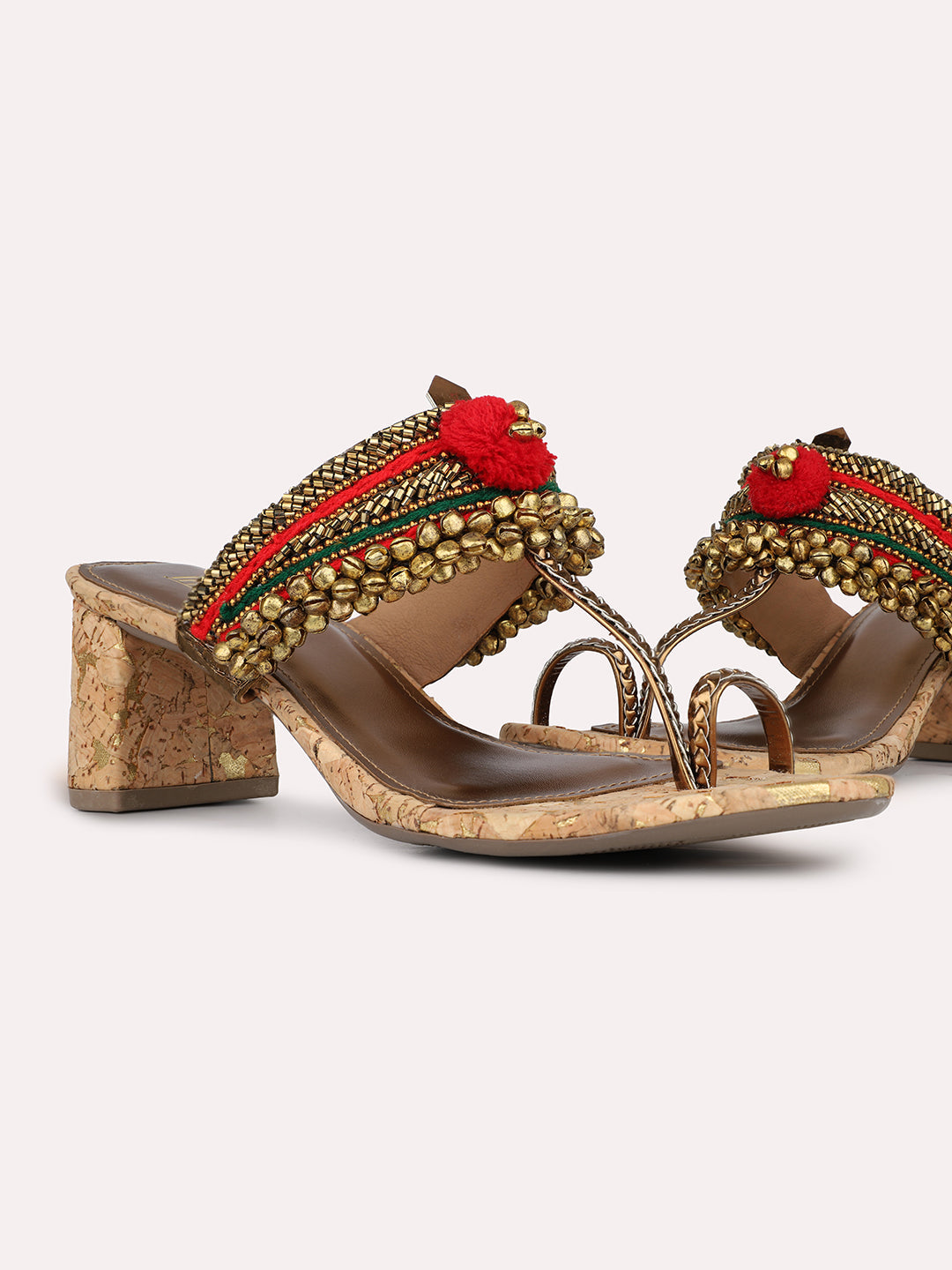 Womens Maroon Embellished Open Toe Ethnic Block Heel Sandals