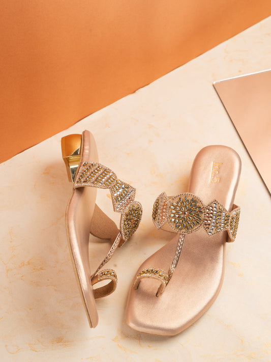 Womens Rose Gold Party Wear Embellished Round Toe Block Heel Sandals