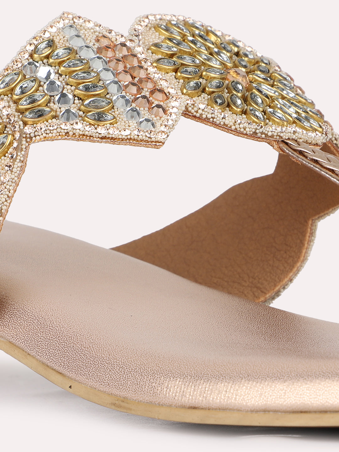 Womens Rose Gold Party Wear Embellished Round Toe Block Heels