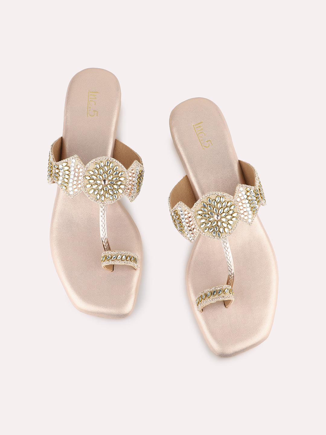 Womens Rose Gold Party Wear Embellished Round Toe Block Heel Sandals