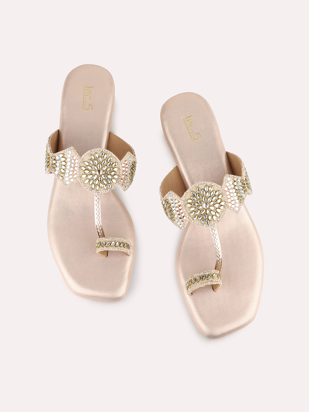 Womens Rose Gold Party Wear Embellished Round Toe Block Heels