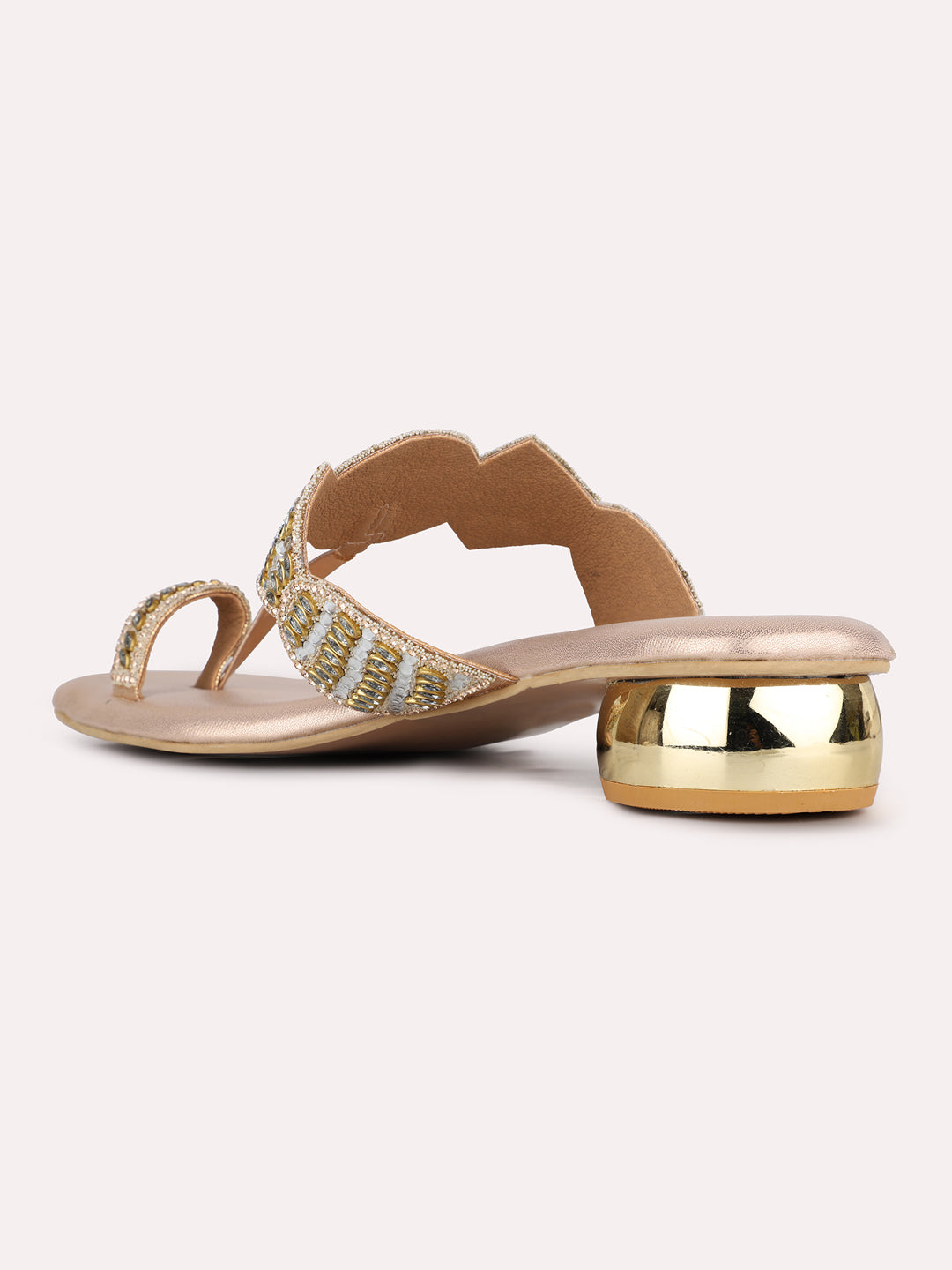 Womens Rose Gold Party Wear Embellished Round Toe Block Heels