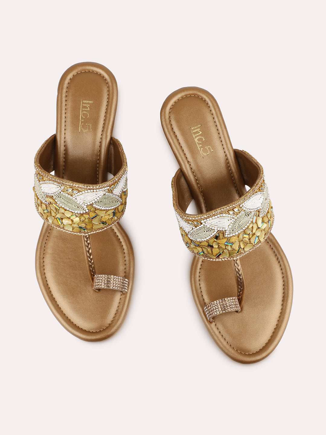 Womens Golden Embellished Open Toe Party Wear Wedge Heel Sandals