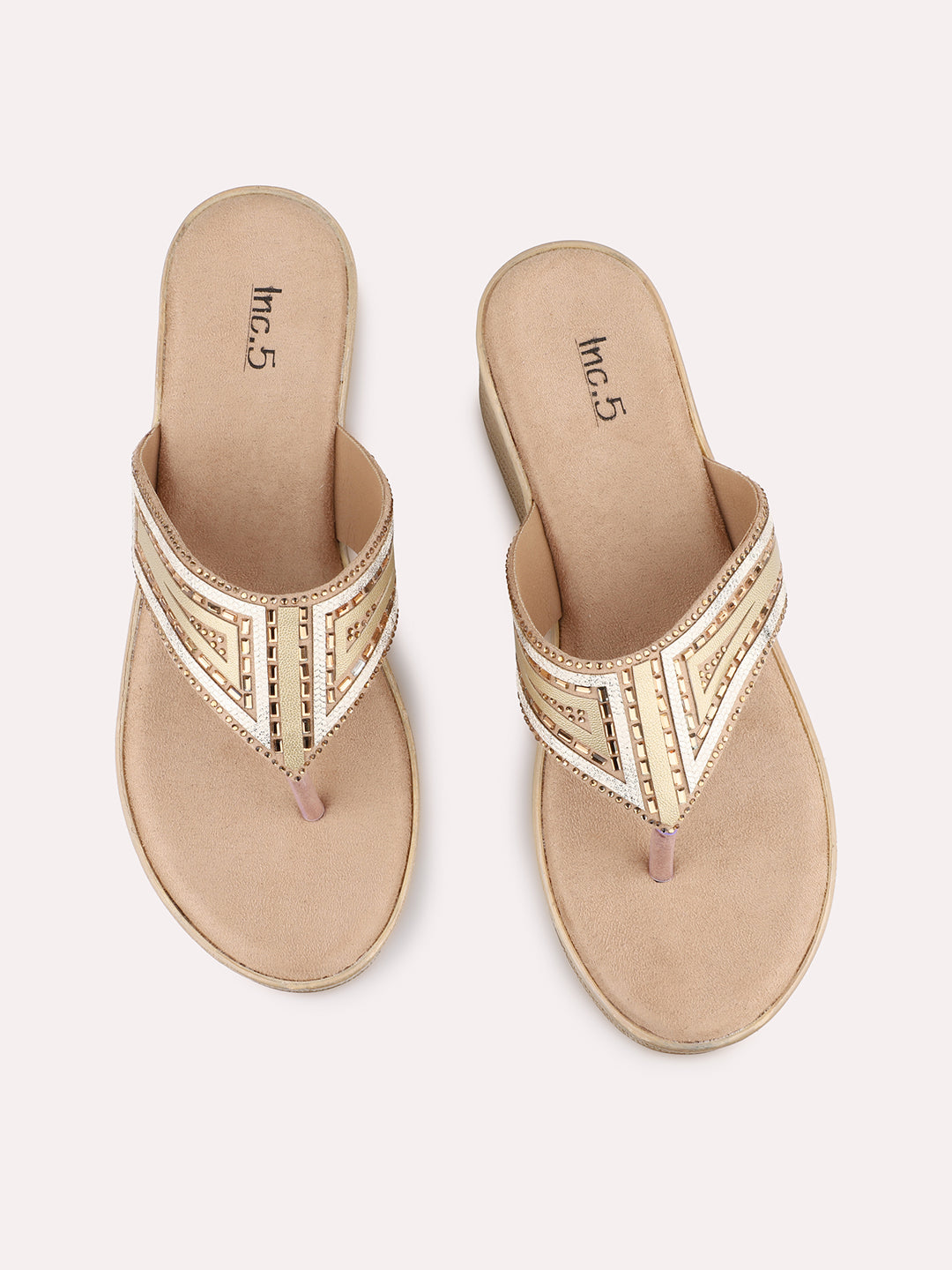 Womens Golden Embellished Open Toe Casual Wedge Heel Sandals