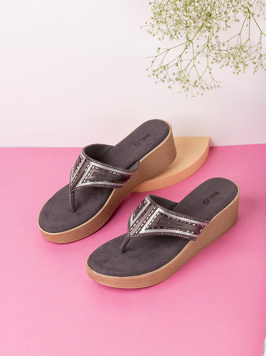 Womens Pewter Embellished Open Toe Casual Wedge Heel Sandals