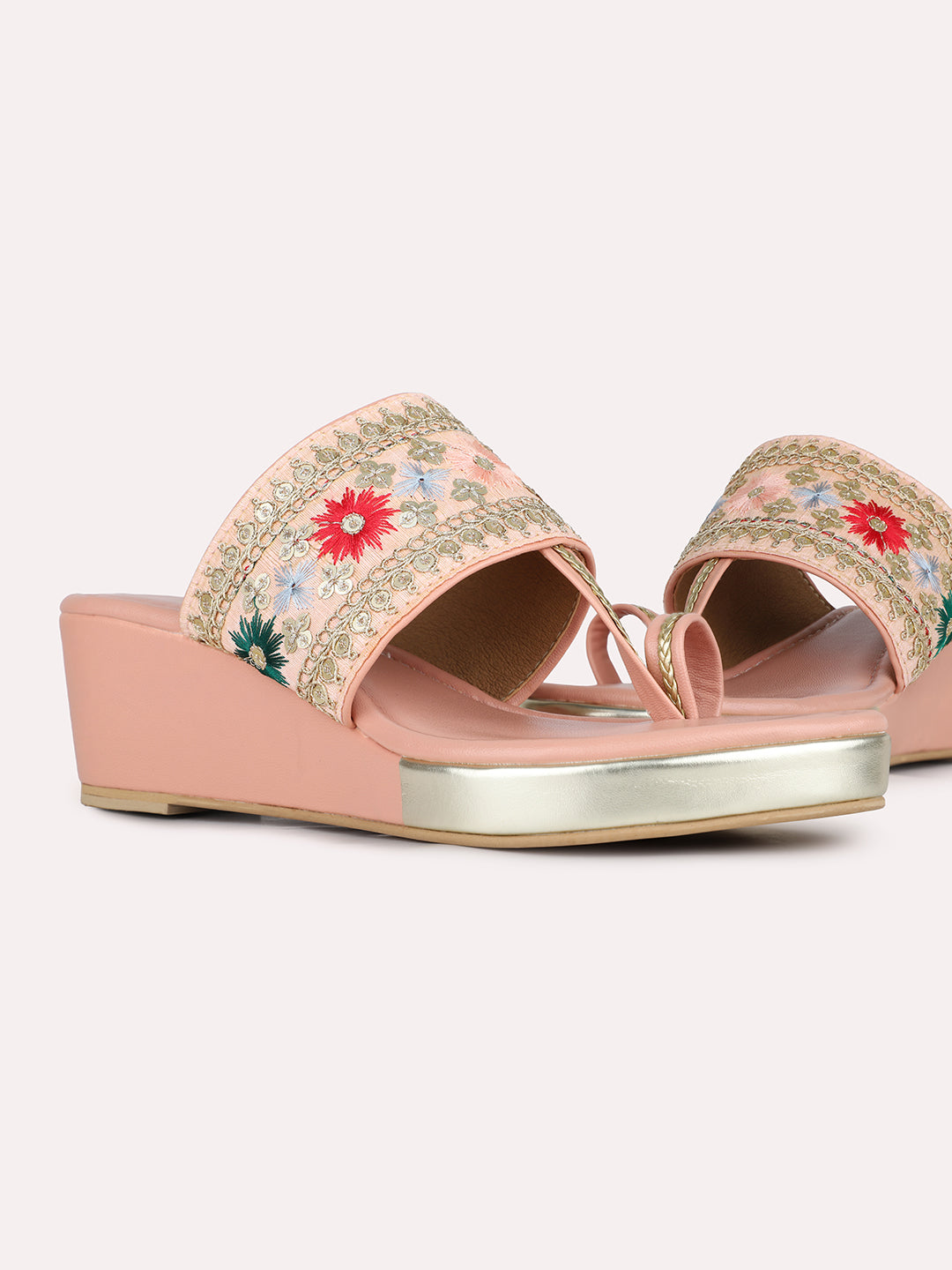 Womens Peach Ethnic Embellished Round Toe Wedges Heel Sandals