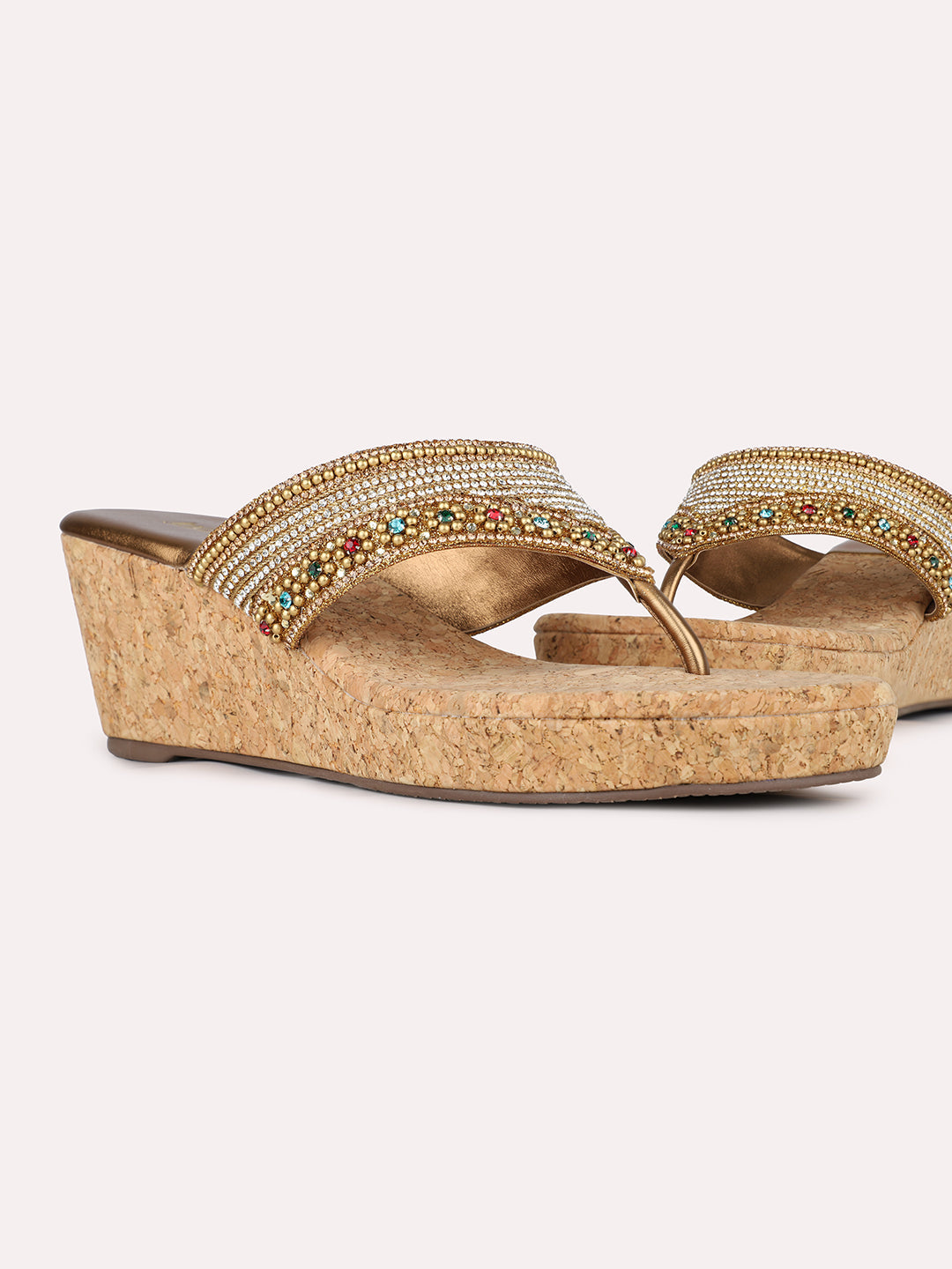 Womens Golden Ethnic Embellished Round Toe Wedges Heel Sandals