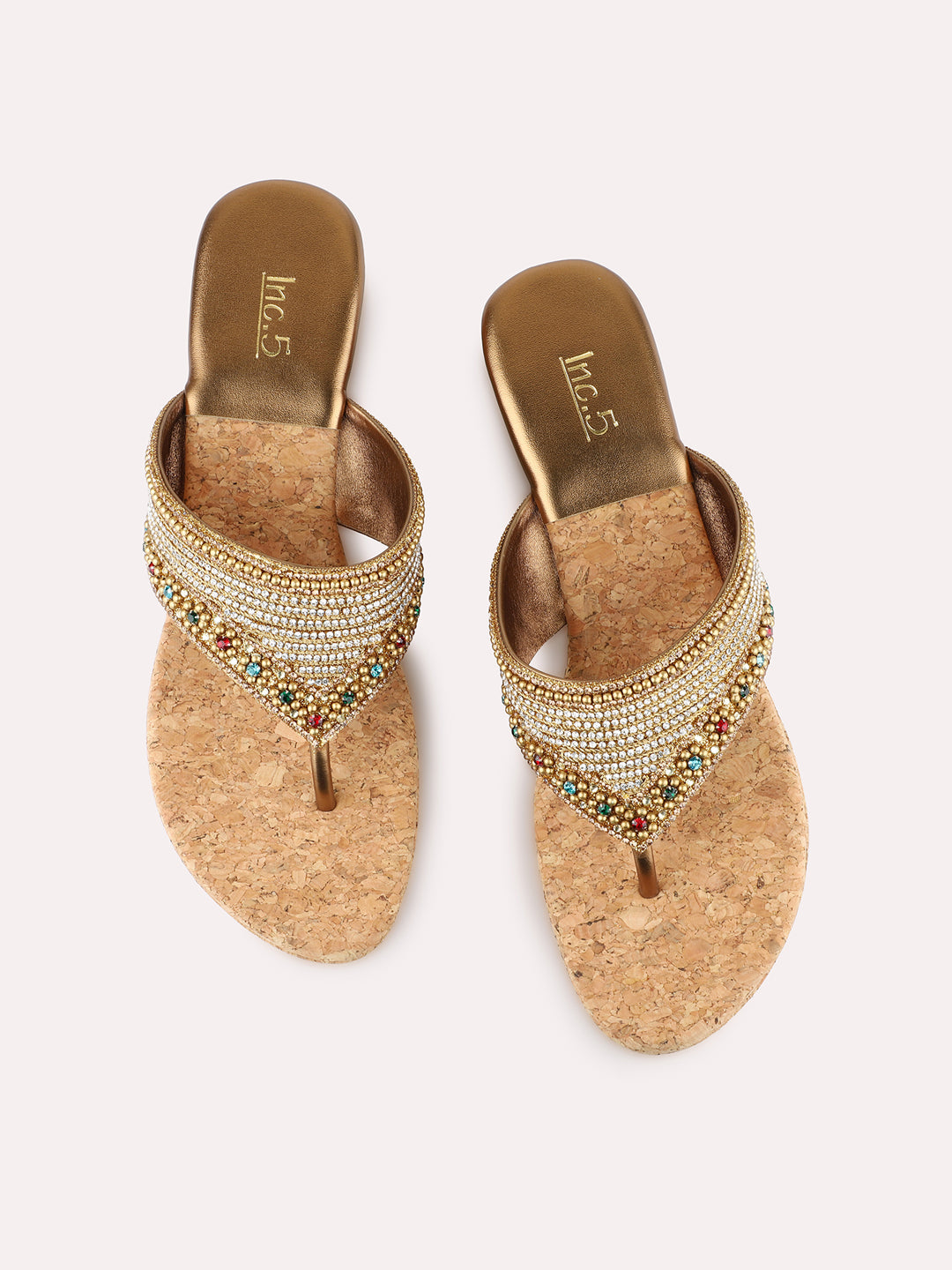 Womens Golden Ethnic Embellished Round Toe Wedges Heel Sandals