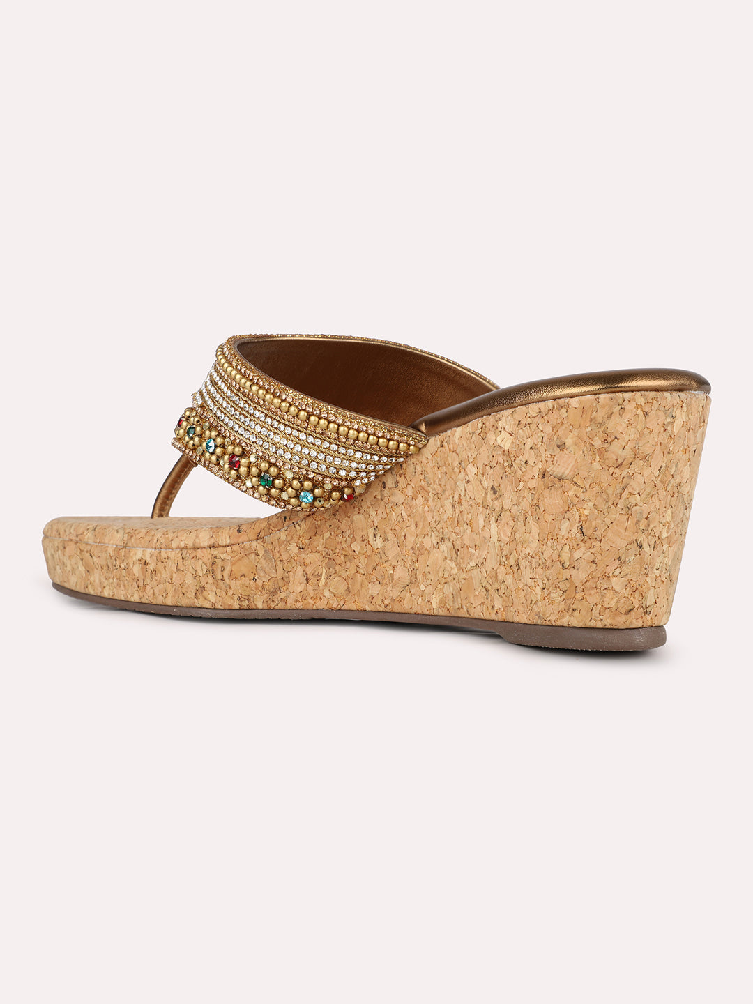 Womens Golden Ethnic Embellished Round Toe Wedges Heel Sandals