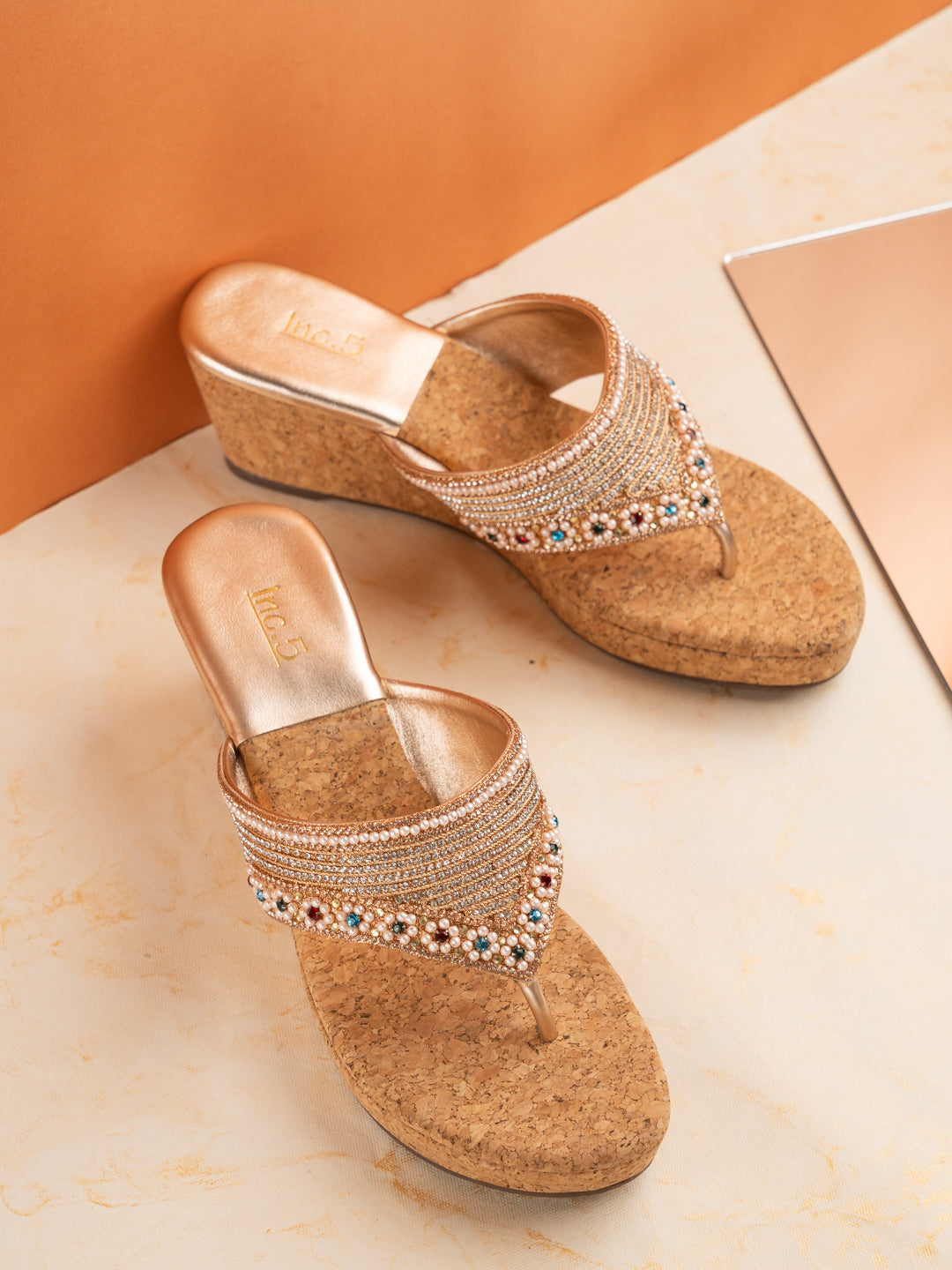 Womens Rose Gold Ethnic Embellished Round Toe Wedges Heel Sandals