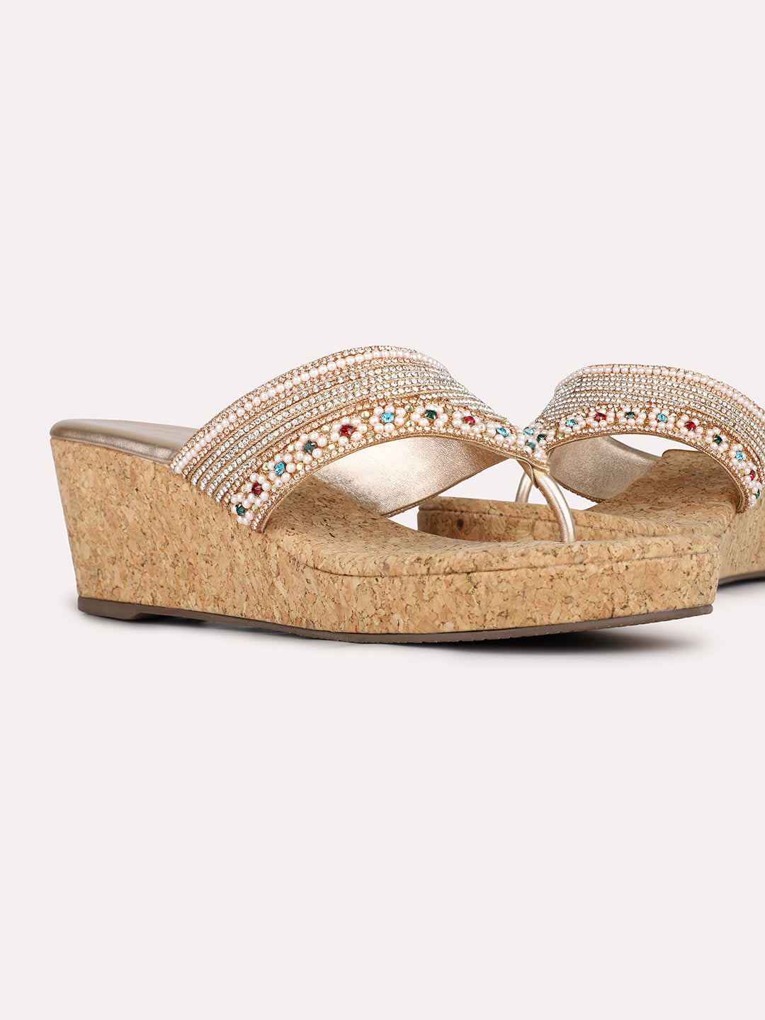 Womens Rose Gold Ethnic Embellished Round Toe Wedges Heel Sandals