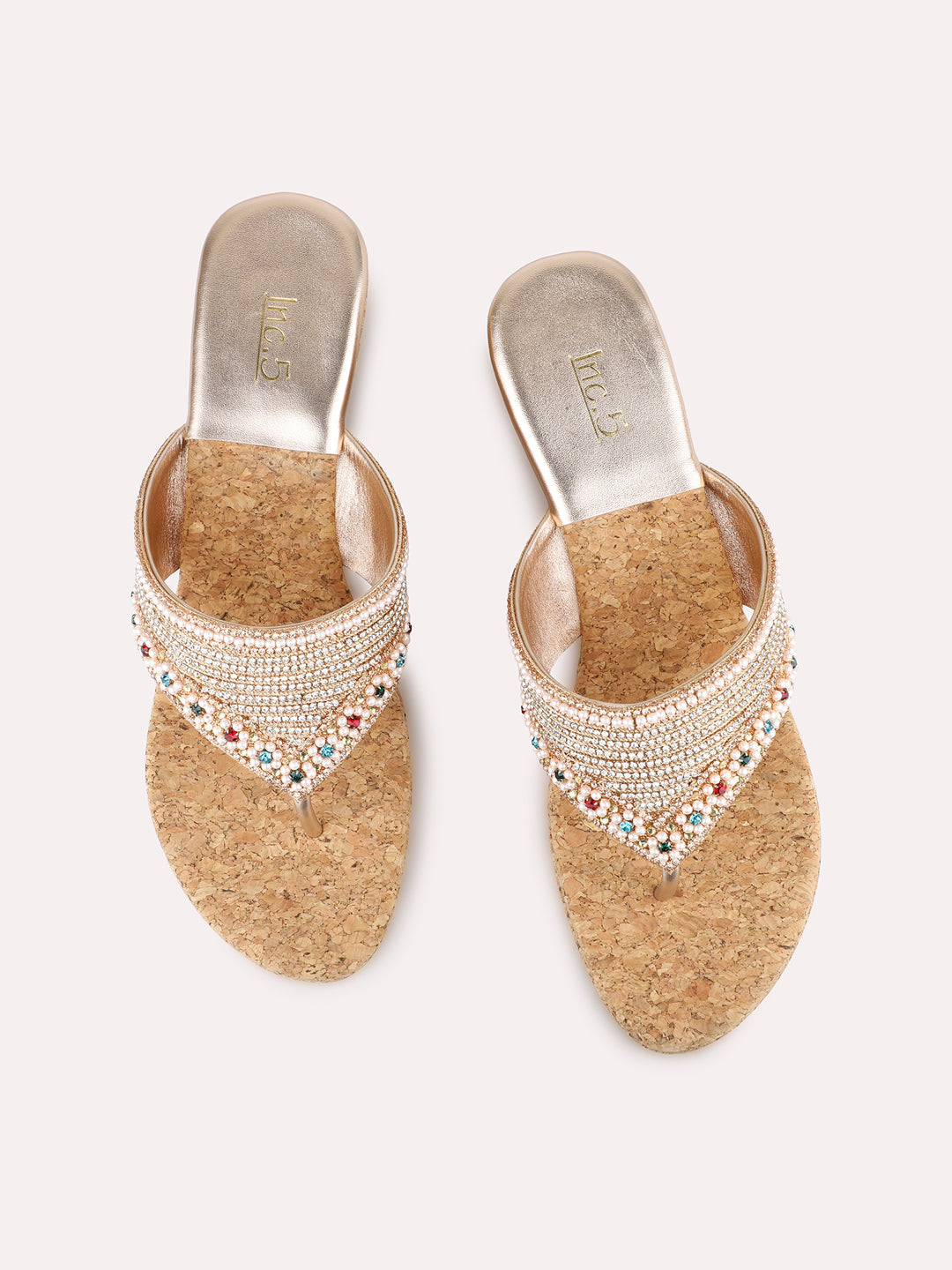 Womens Rose Gold Ethnic Embellished Round Toe Wedges Heel Sandals