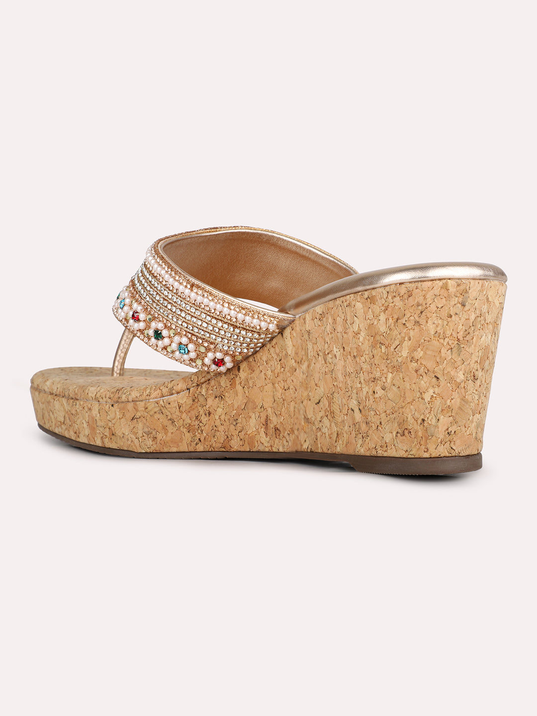 Womens Rose Gold Ethnic Embellished Round Toe Wedges Heel Sandals