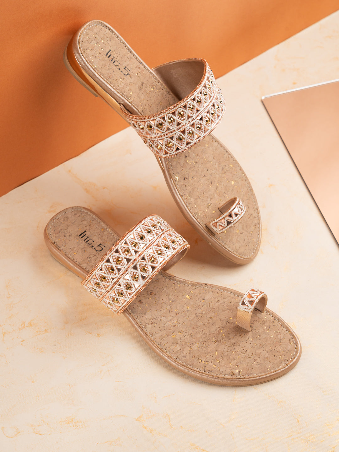 Womens Rose Gold Casual Embellished One Toe Flats