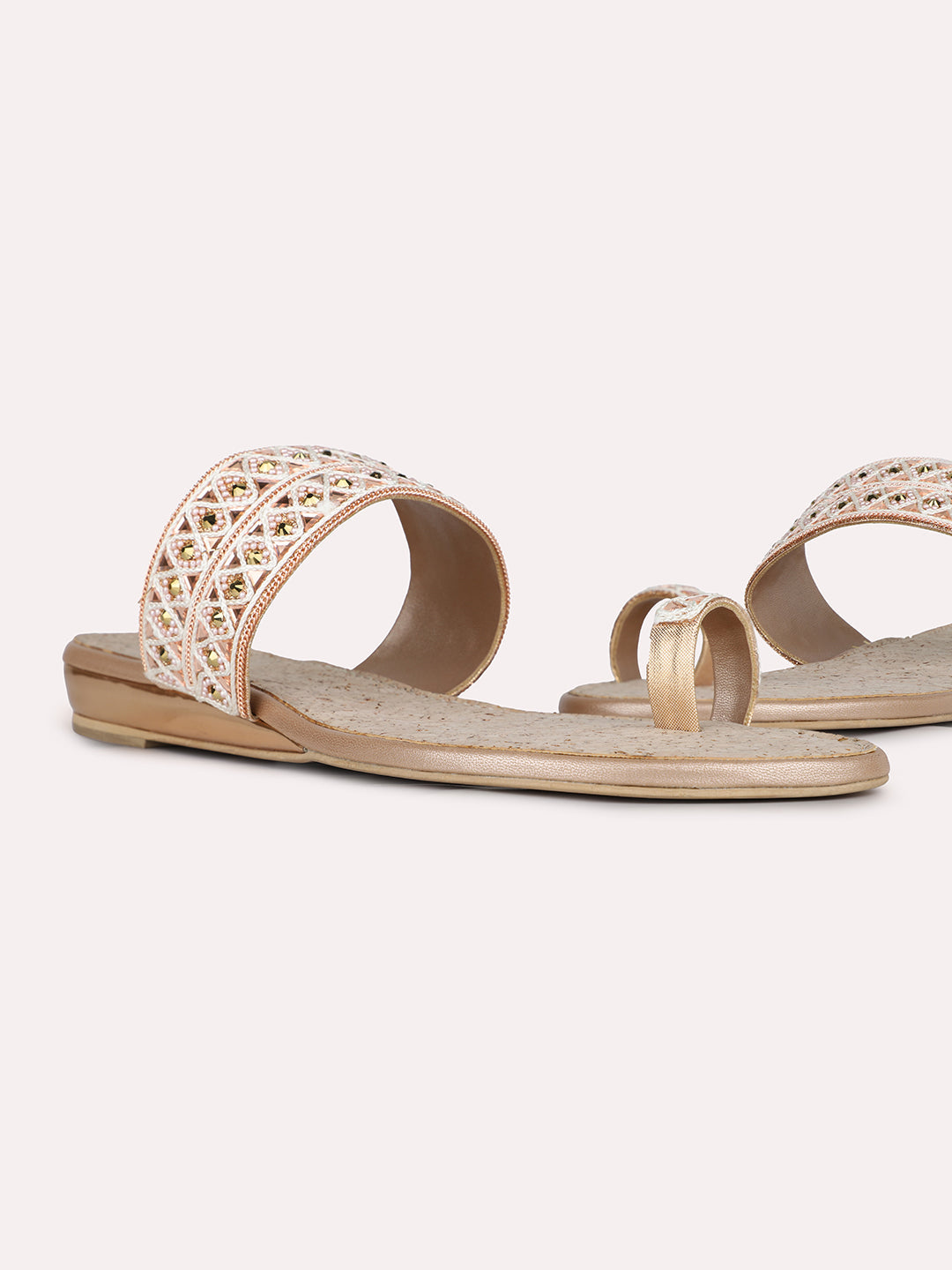 Womens Rose Gold Casual Embellished One Toe Flats