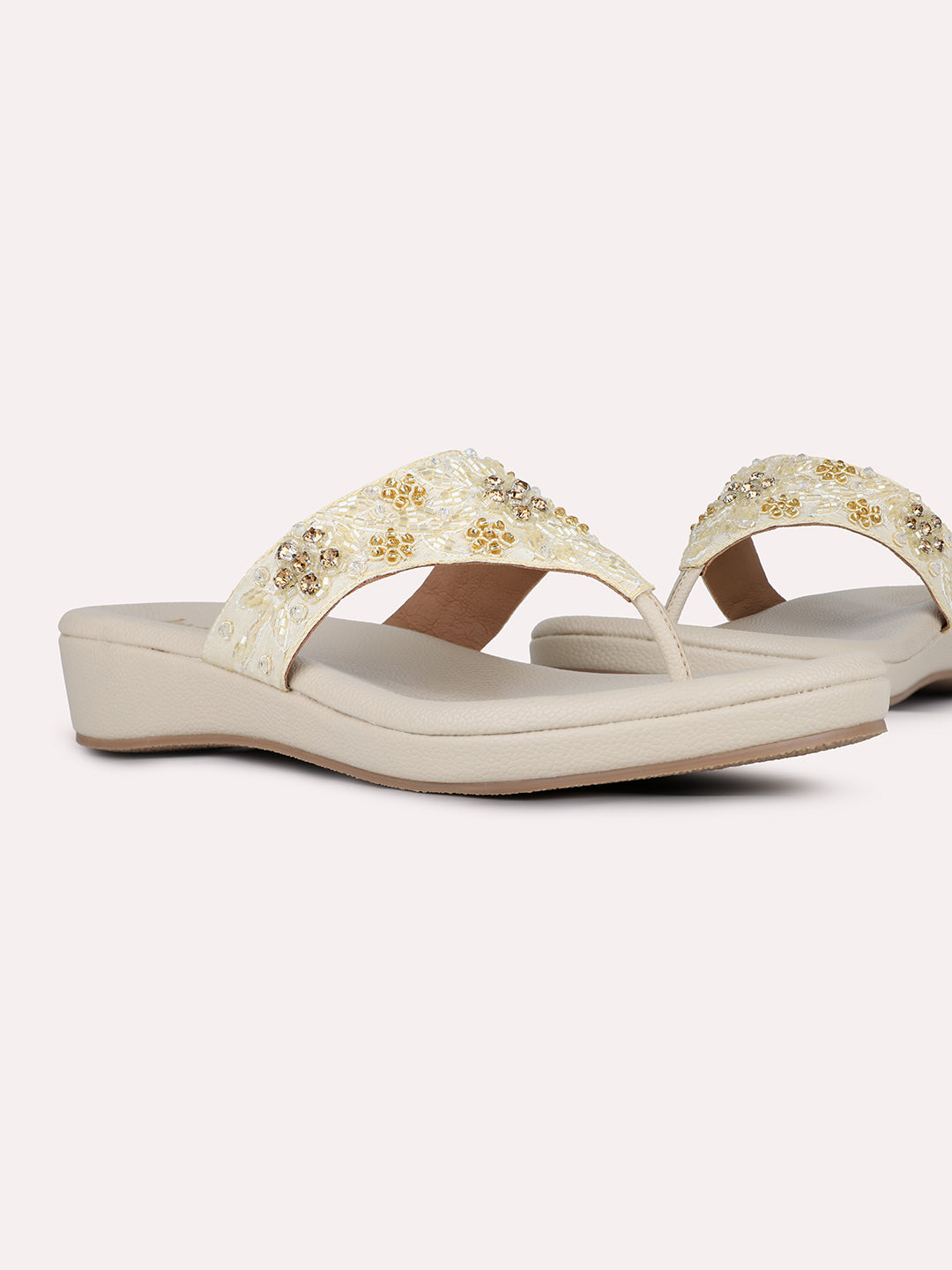 Womens Beige Ethnic Embellished Round Toe Sandals