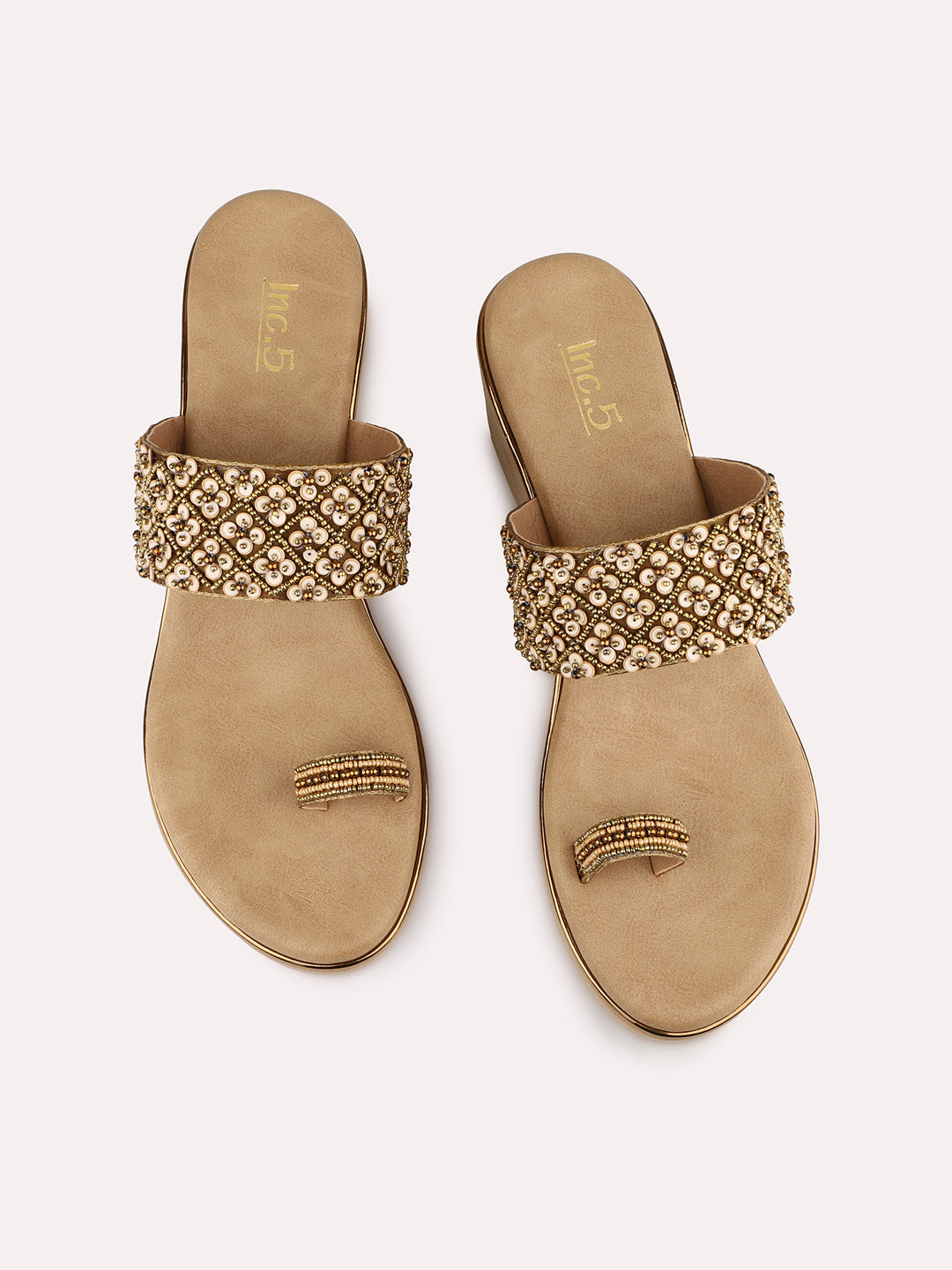 Womens Golden Embellished Open Toe Party Wear Wedge Heels