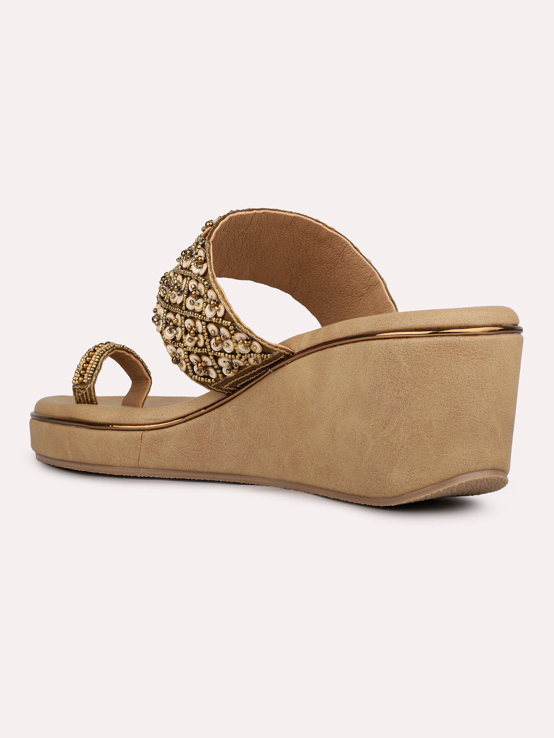 Womens Golden Embellished Open Toe Party Wear Wedge Heels